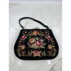 Vintage Elvette Purse Womens Black Floral Needlepoint Clutch Handbag Bag 50s 60s